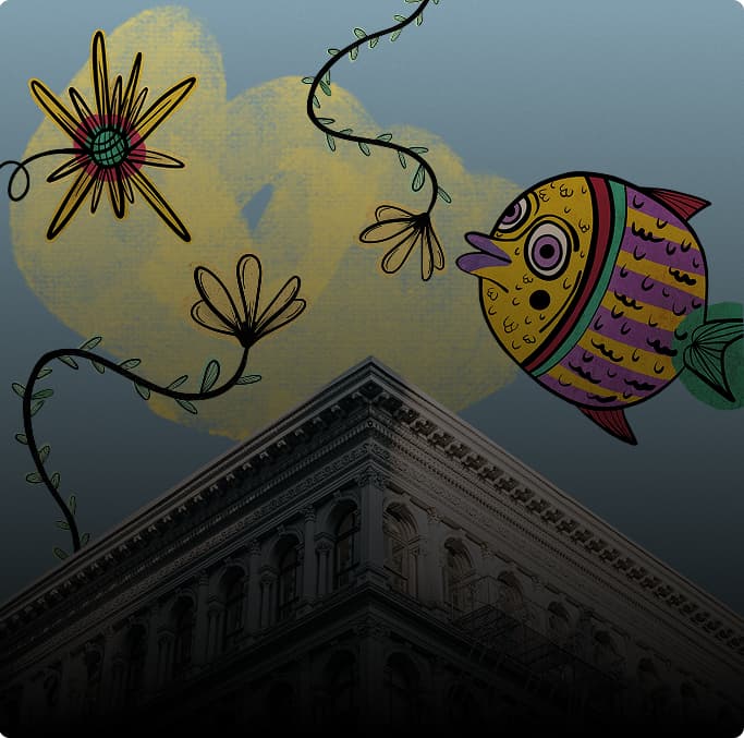 Illustrated fish and flowers above a city building.
