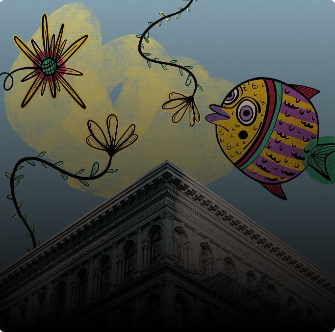 Illustrated fish and flowers above a city building.