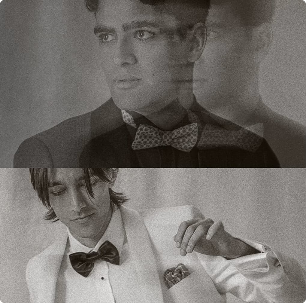 Black-and-white editorial collage of men in formalwear.