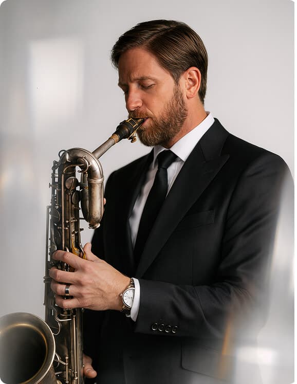 Saxophonist in a black suit playing against a light background.